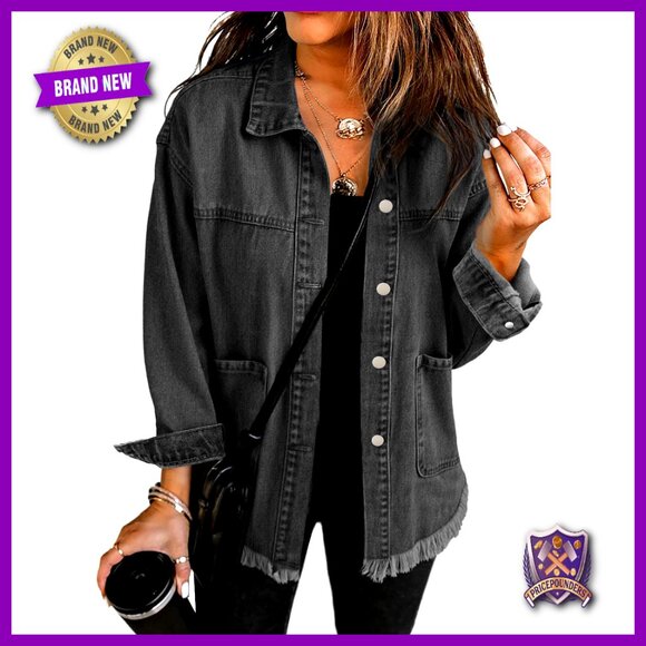Denim Jacket Oversized Frayed Hem Shacket Casual Loose Fit Classic Retro
